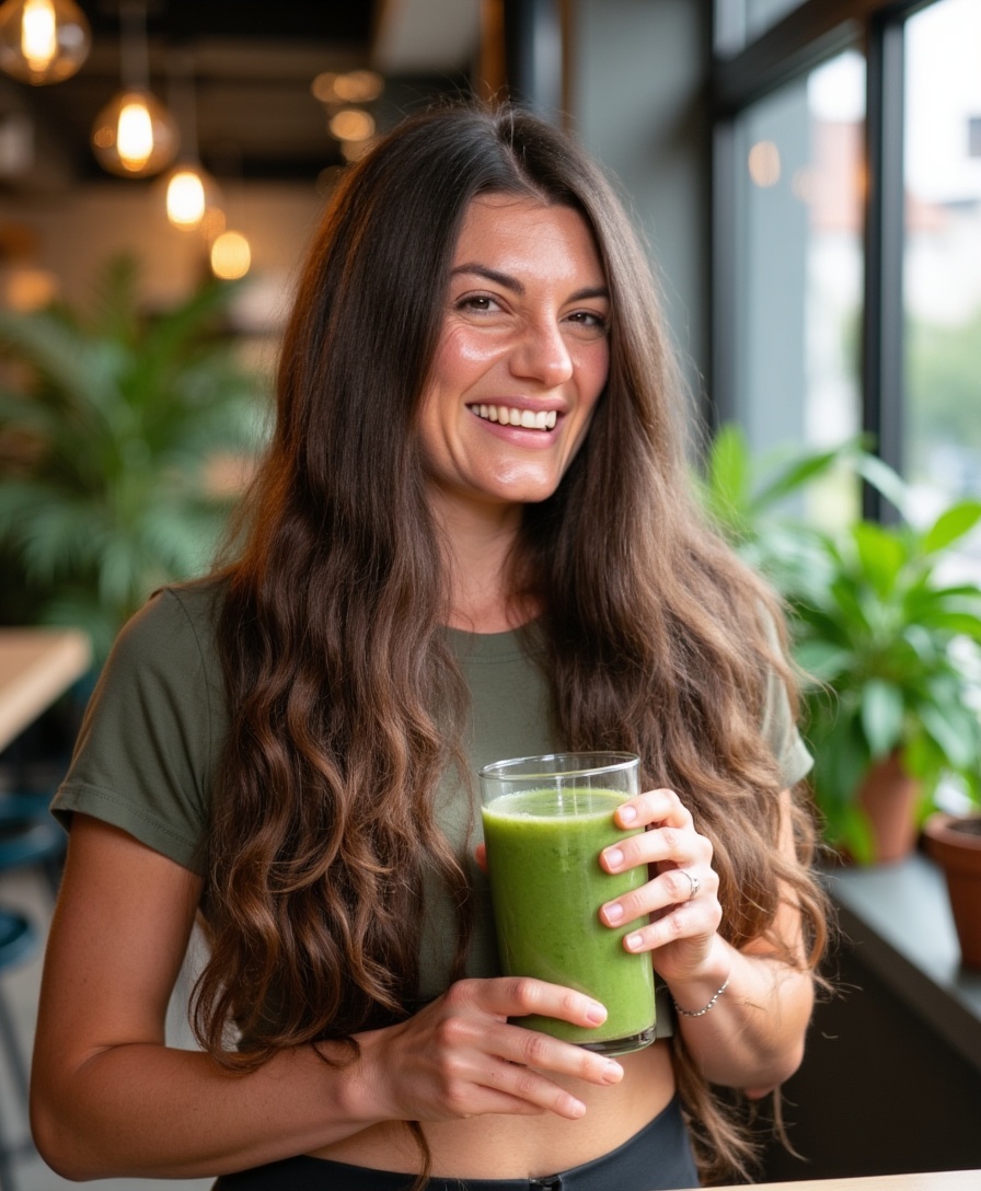 Chiara smiling while holding a green juice
